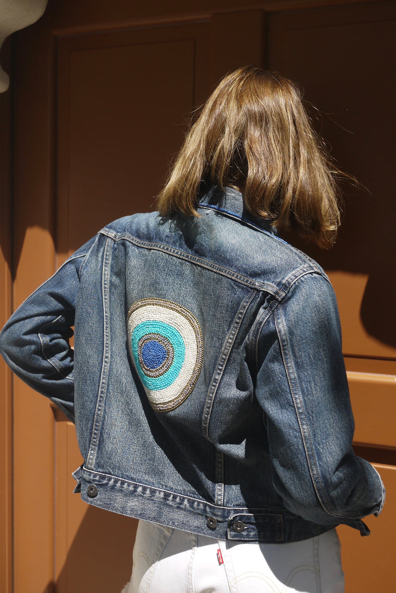 Hand Embroidered French Knot Evil Eye Denim Jacket