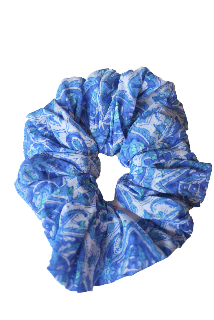 Blockprint Hair Scrunchie in Nettie Greek Blue