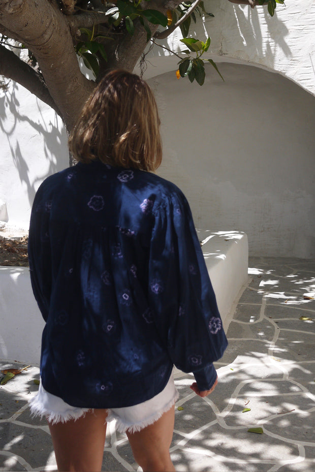 Zoe Blouse - Hand Shibori Dye Flowers with Embroidered French Knots - Navy