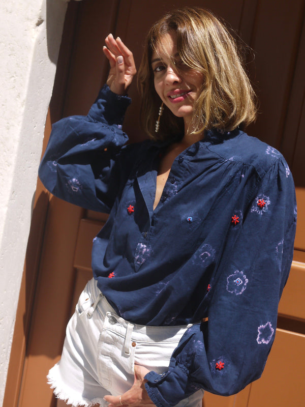 Zoe Blouse - Navy Shibori Flowers