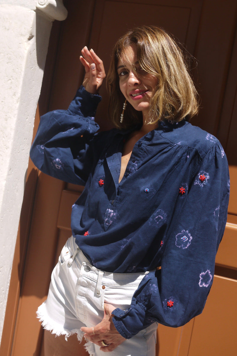 Zoe Blouse - Navy Shibori Flowers