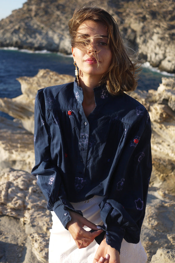 Zoe Blouse - Navy Shibori Flowers