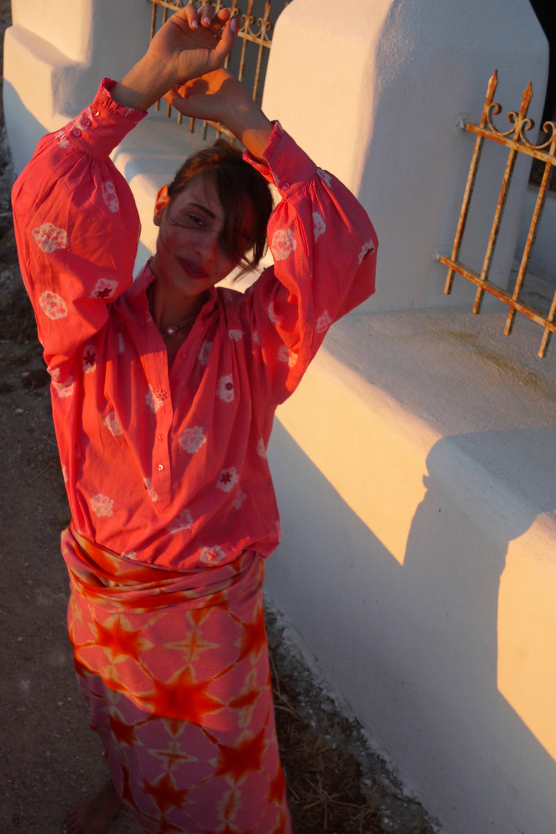 Zoe Blouse - Hand Shibori Dye Flowers with Embroidered French Knots - Coral