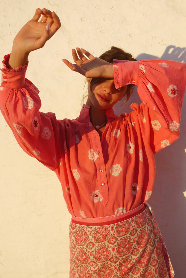 Zoe Blouse - Hand Shibori Dye Flowers with Embroidered French Knots - Coral