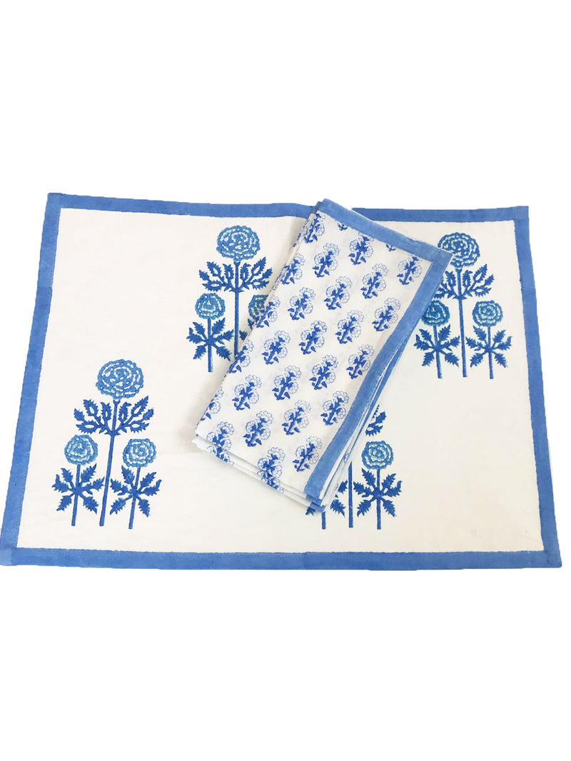 Modern Floral Placemat with Solid Border in Grecian Blues, Set of 4