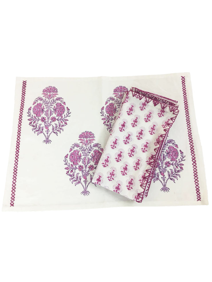 Large Bouquet Floral Placemat with Embroidered Border in Lavender and Berry, Set of 4
