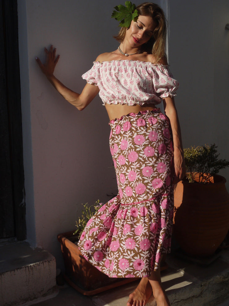 Naousa Skirt with Hand Embroidery - Pink & Cocoa