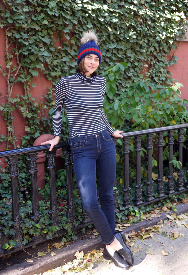 Racing Stripe Hat with Fur Pompom - Navy