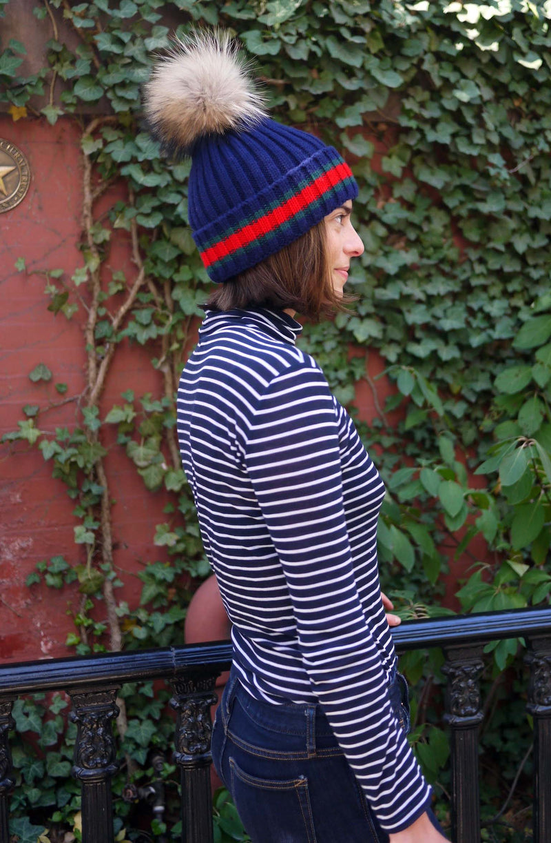 Racing Stripe Hat with Fur Pompom - Navy