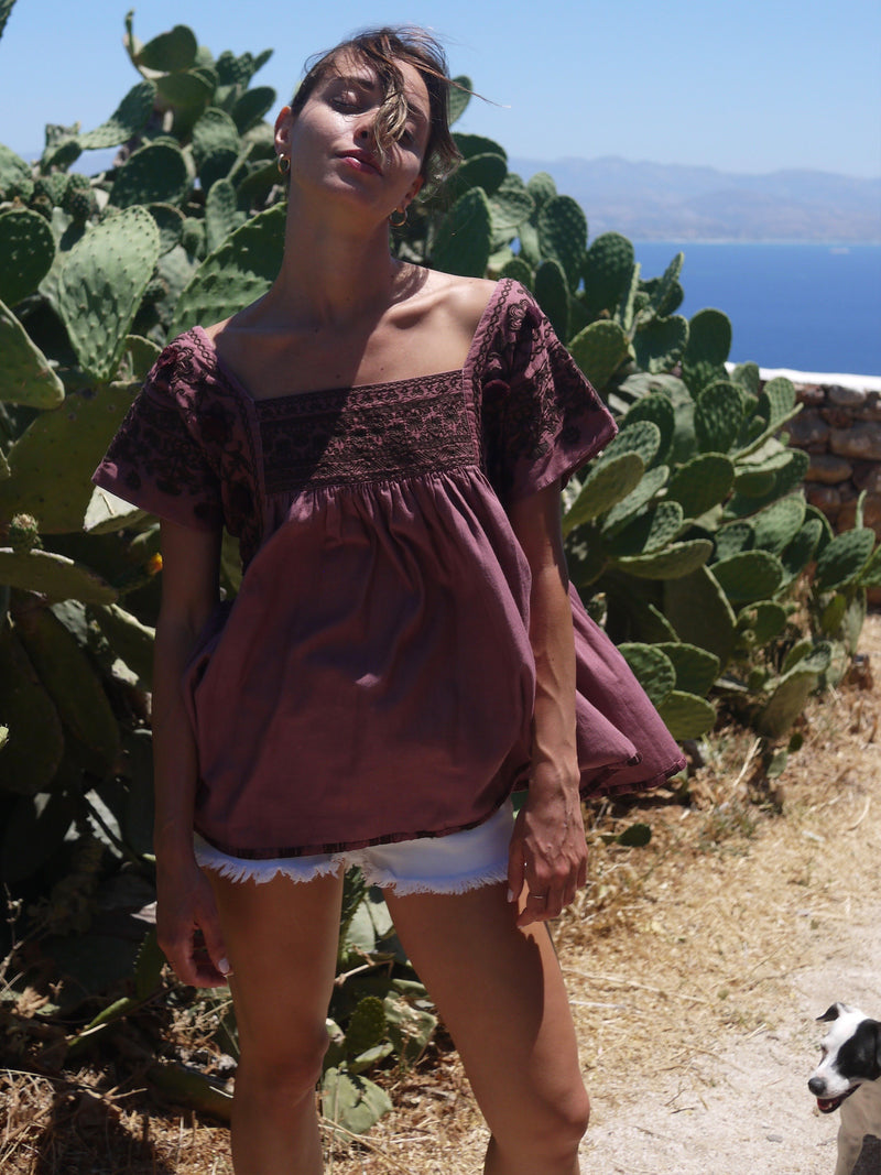 Paros Embroidered Blouse - Cocoa