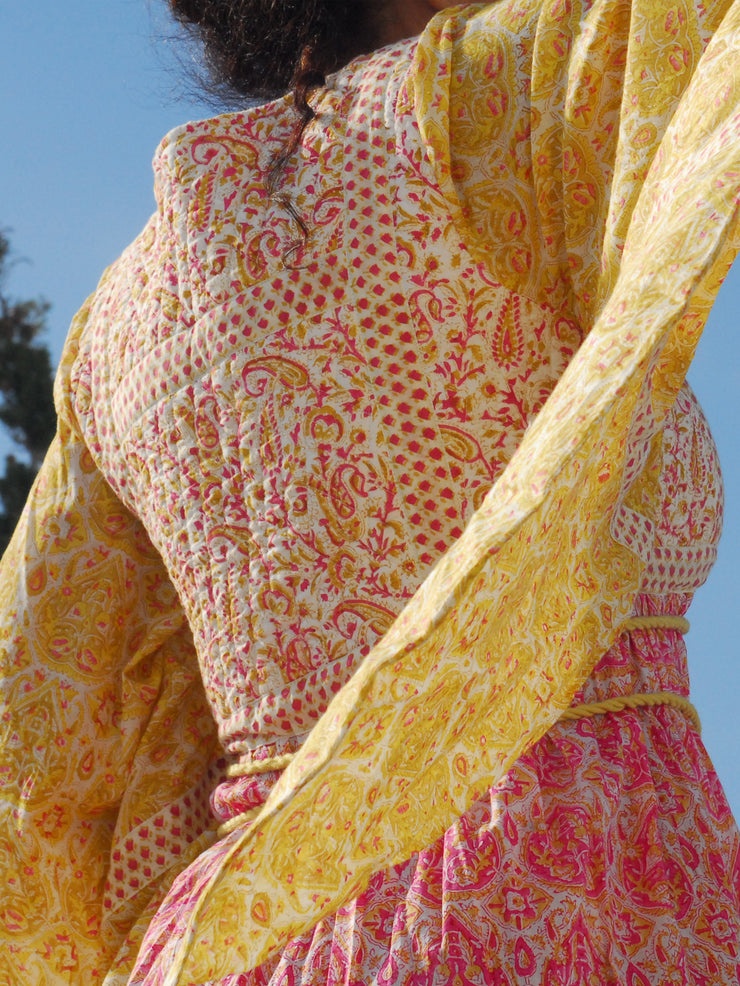 Loulou Quilted Kaftan - Marigold and Pink