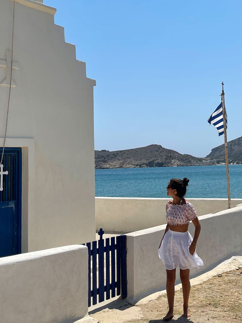 Sifnos Crop Top - Block Print with Hand Embroidery