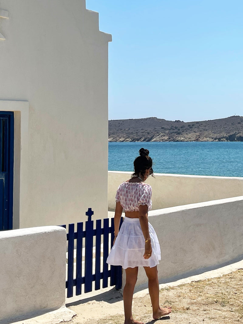 Sifnos Crop Top - Block Print with Hand Embroidery