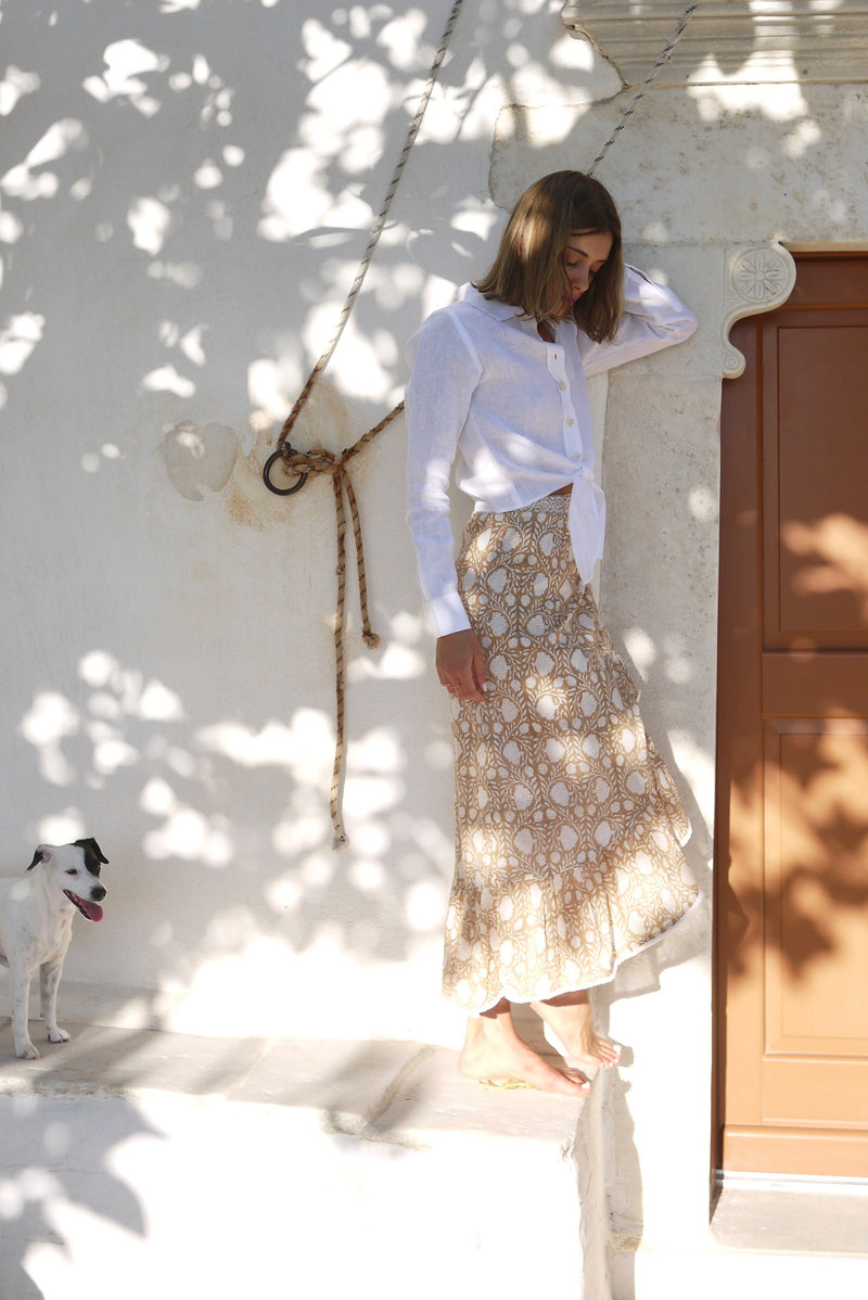 Long Wrap Skirt with Fringed Ruffle in Faridabad Flower - Cafe Au Lait