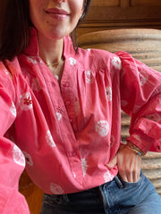 Zoe Blouse - Hand Shibori Dye Flowers with Embroidered French Knots - Coral