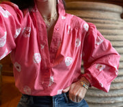 Zoe Blouse - Hand Shibori Dye Flowers with Embroidered French Knots - Coral