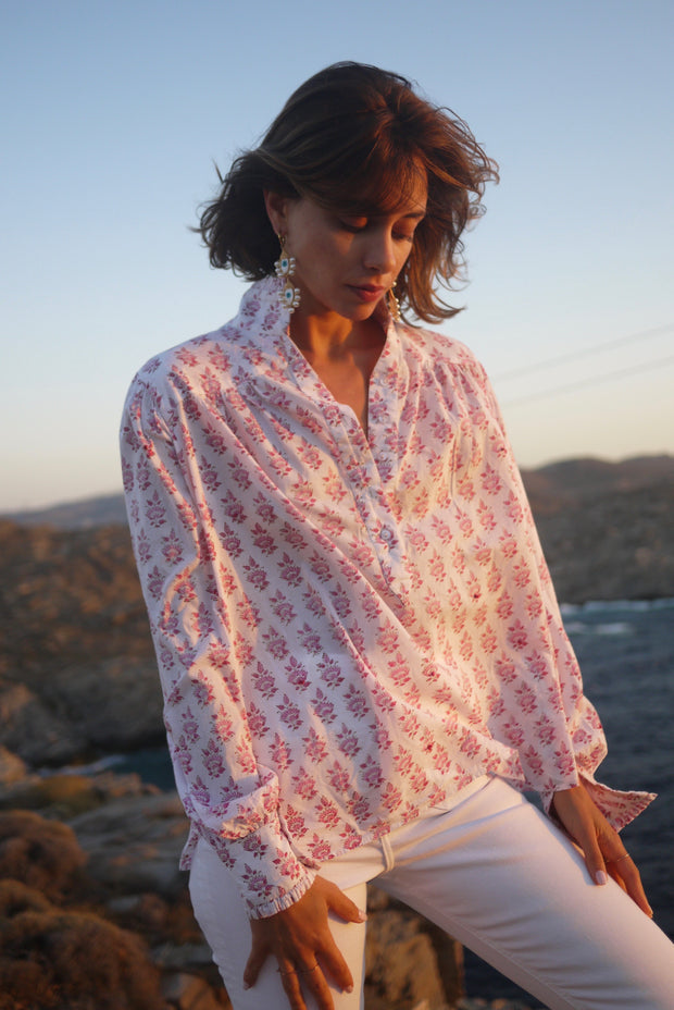 Zoe Blouse - Mini Petals Pink and Cocoa with Embroidered French Knots