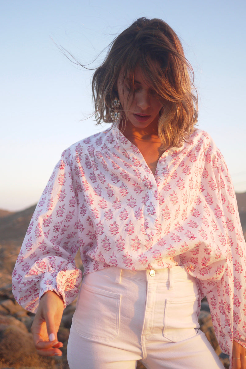 Zoe Blouse - Mini Petals Pink and Cocoa with Embroidered French Knots